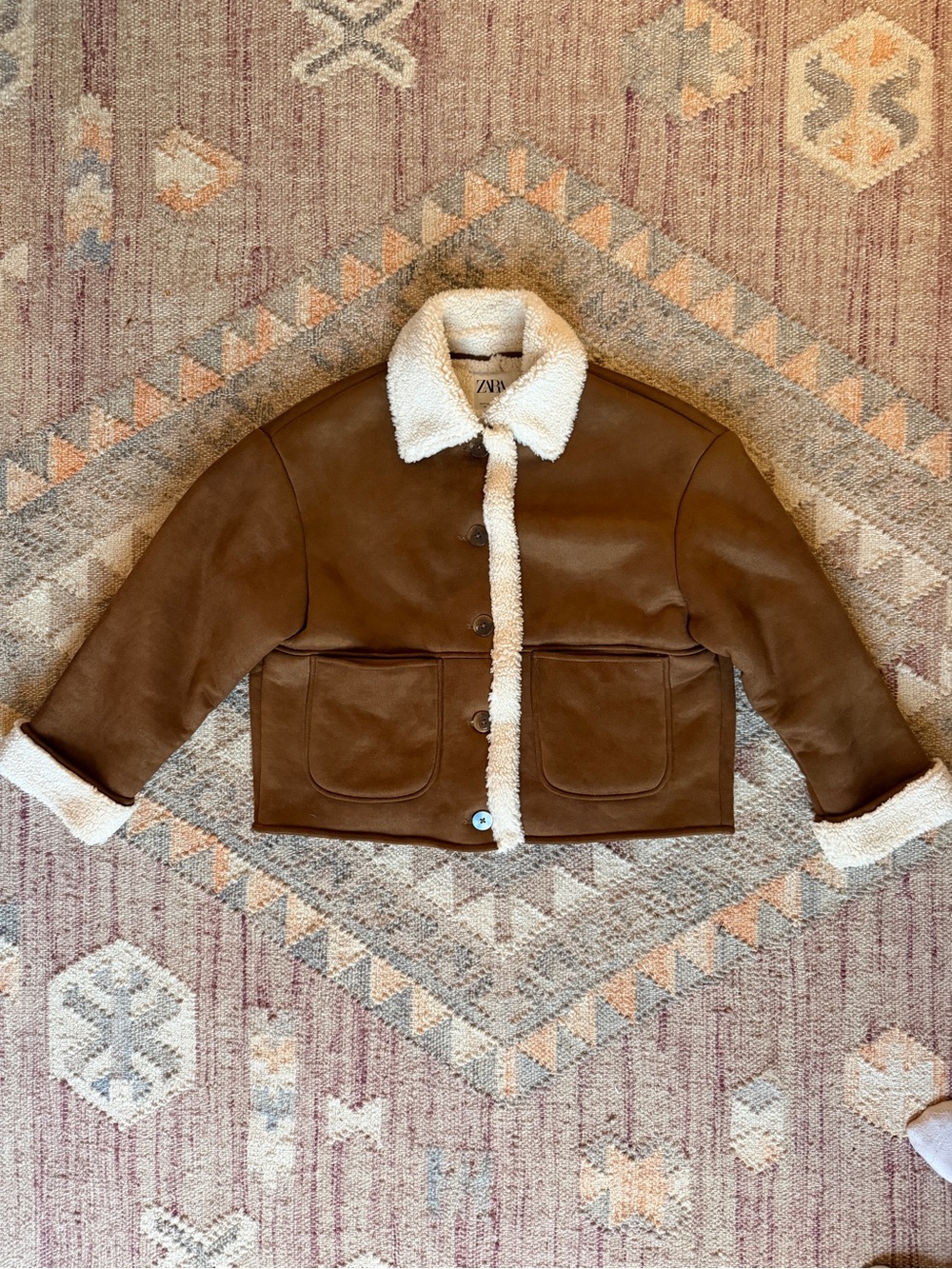 Zara Brown Jacket with Cream Shearling Trim